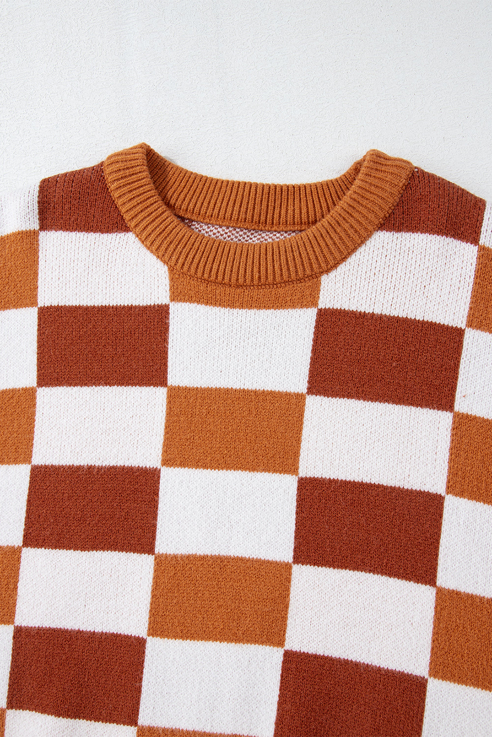 Khaki Checkered Ribbed Edge O Neck Drop Shoulder Sweater