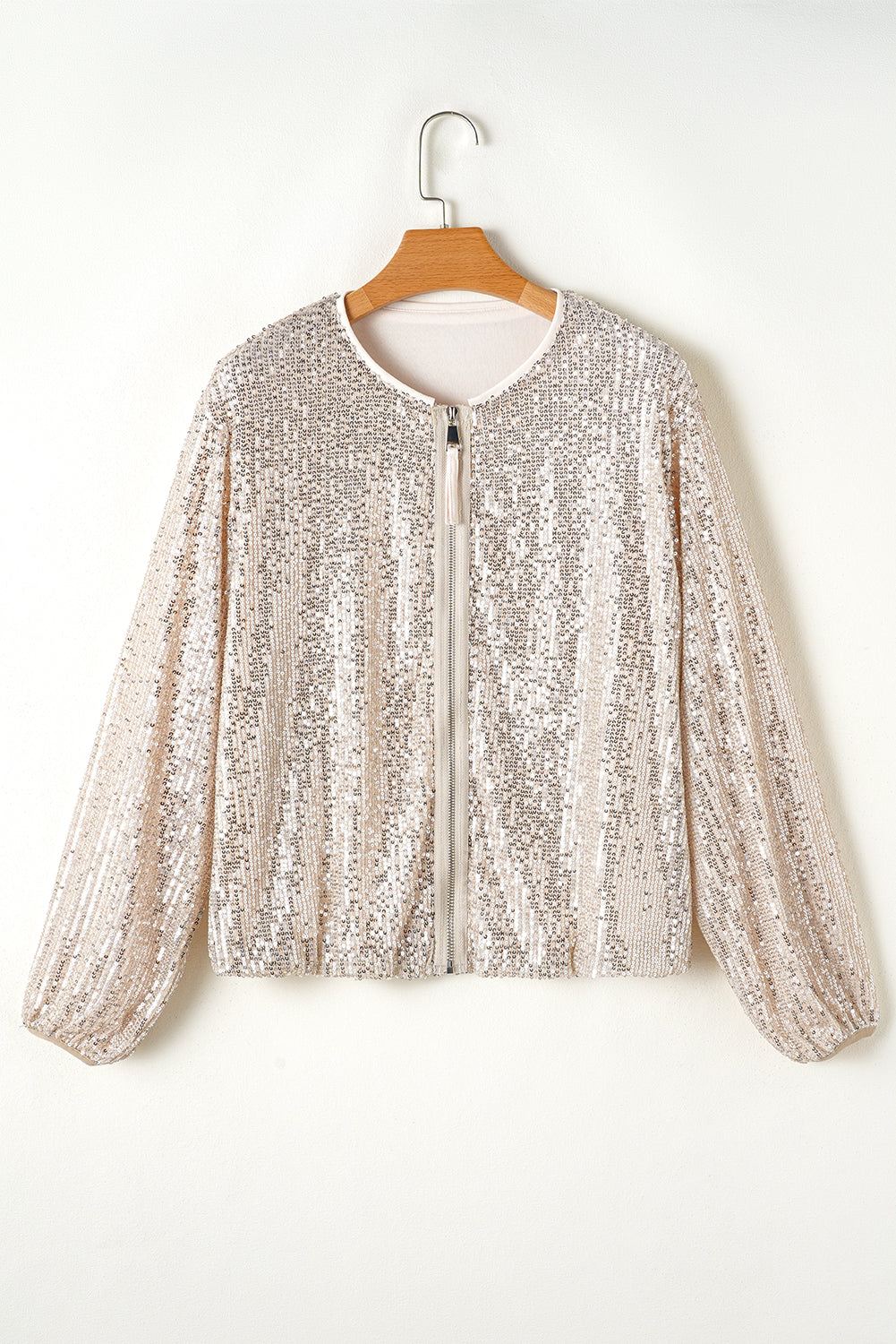 Black Sequin Zip up Round Neck Long Sleeve Jacket