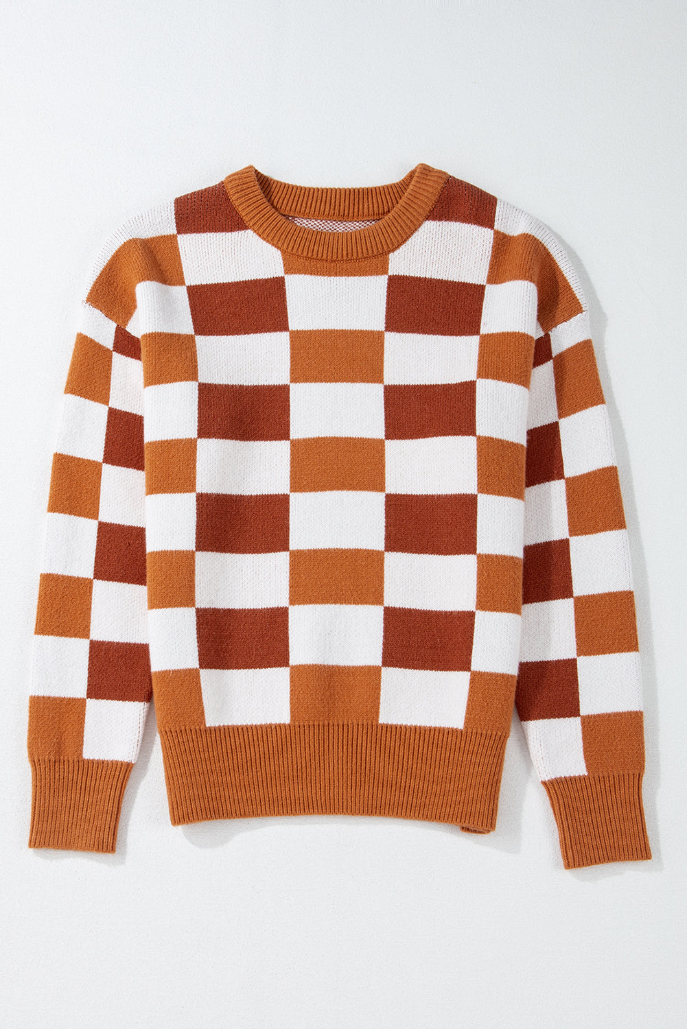 Khaki Checkered Ribbed Edge O Neck Drop Shoulder Sweater