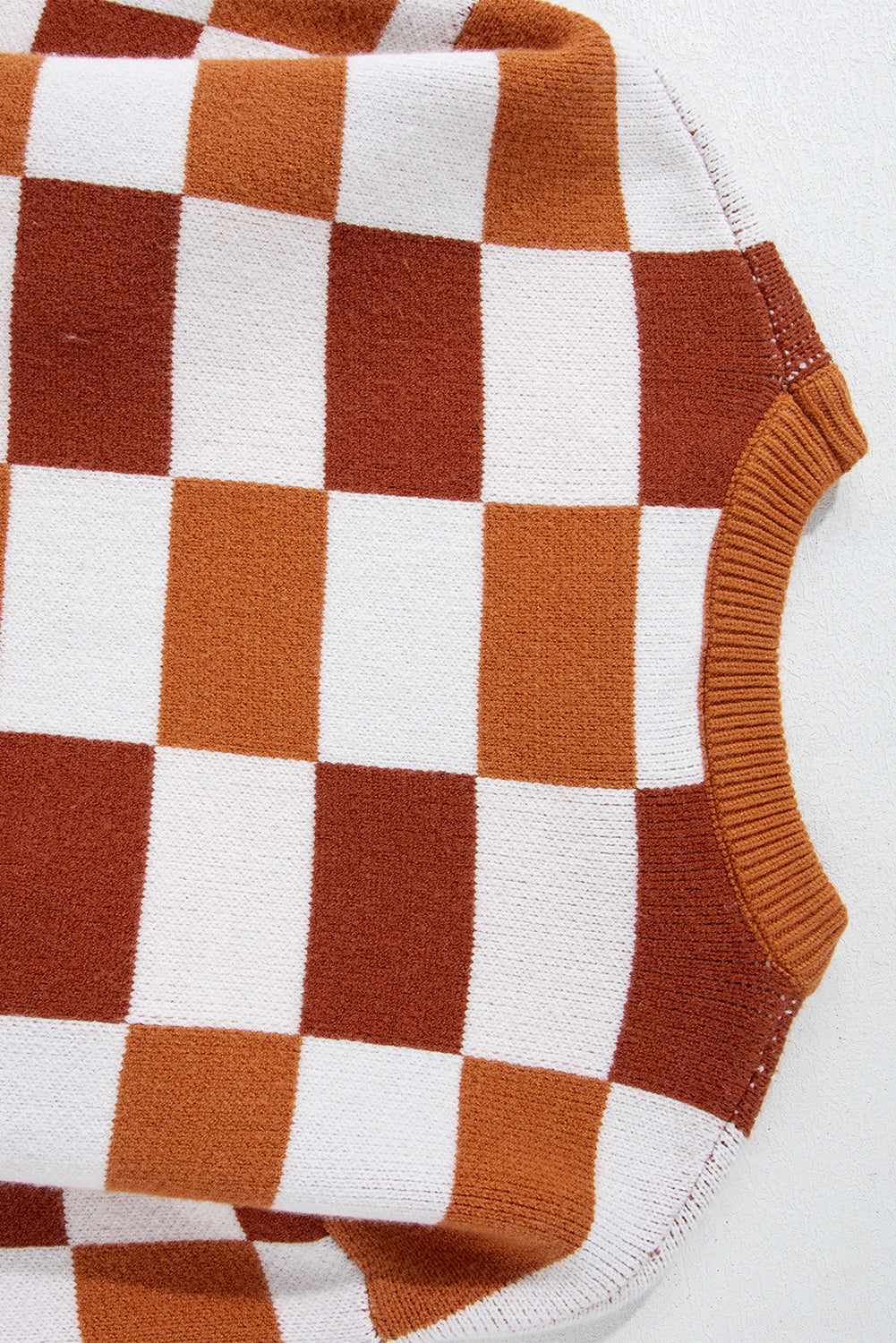 Khaki Checkered Ribbed Edge O Neck Drop Shoulder Sweater