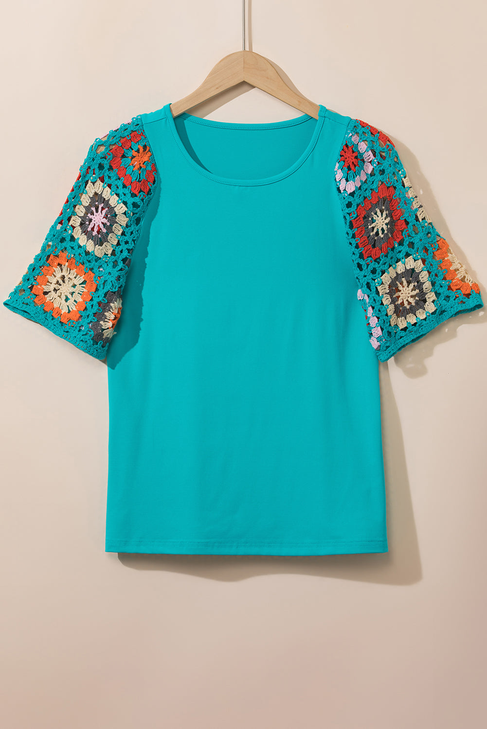 Parchment Floral Crochet Short Sleeve Top