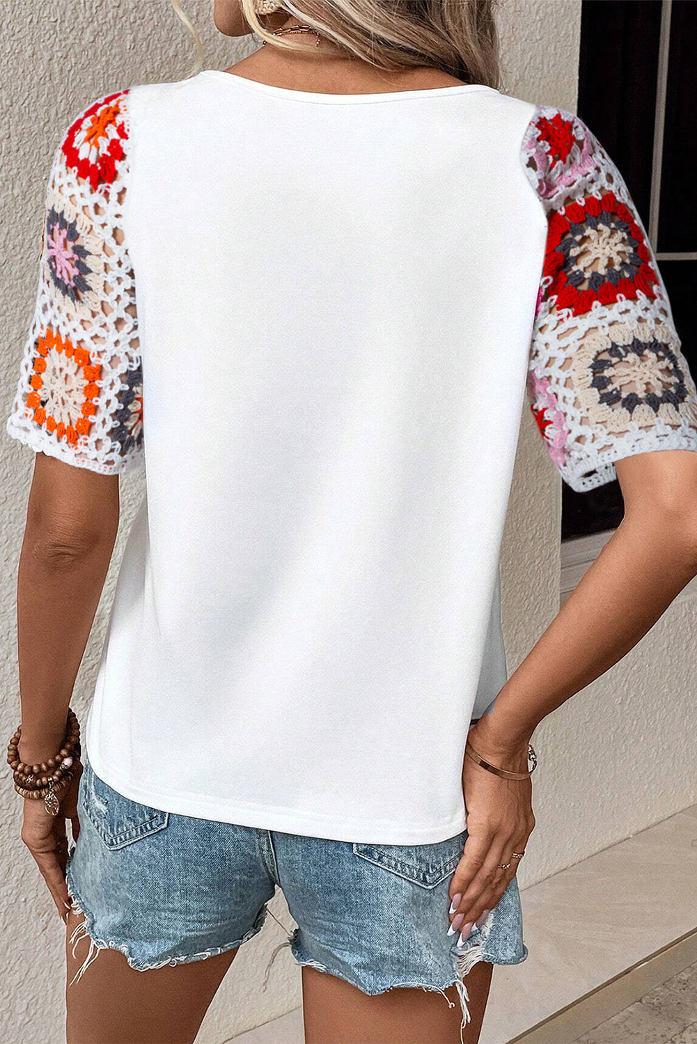 Parchment Floral Crochet Short Sleeve Top