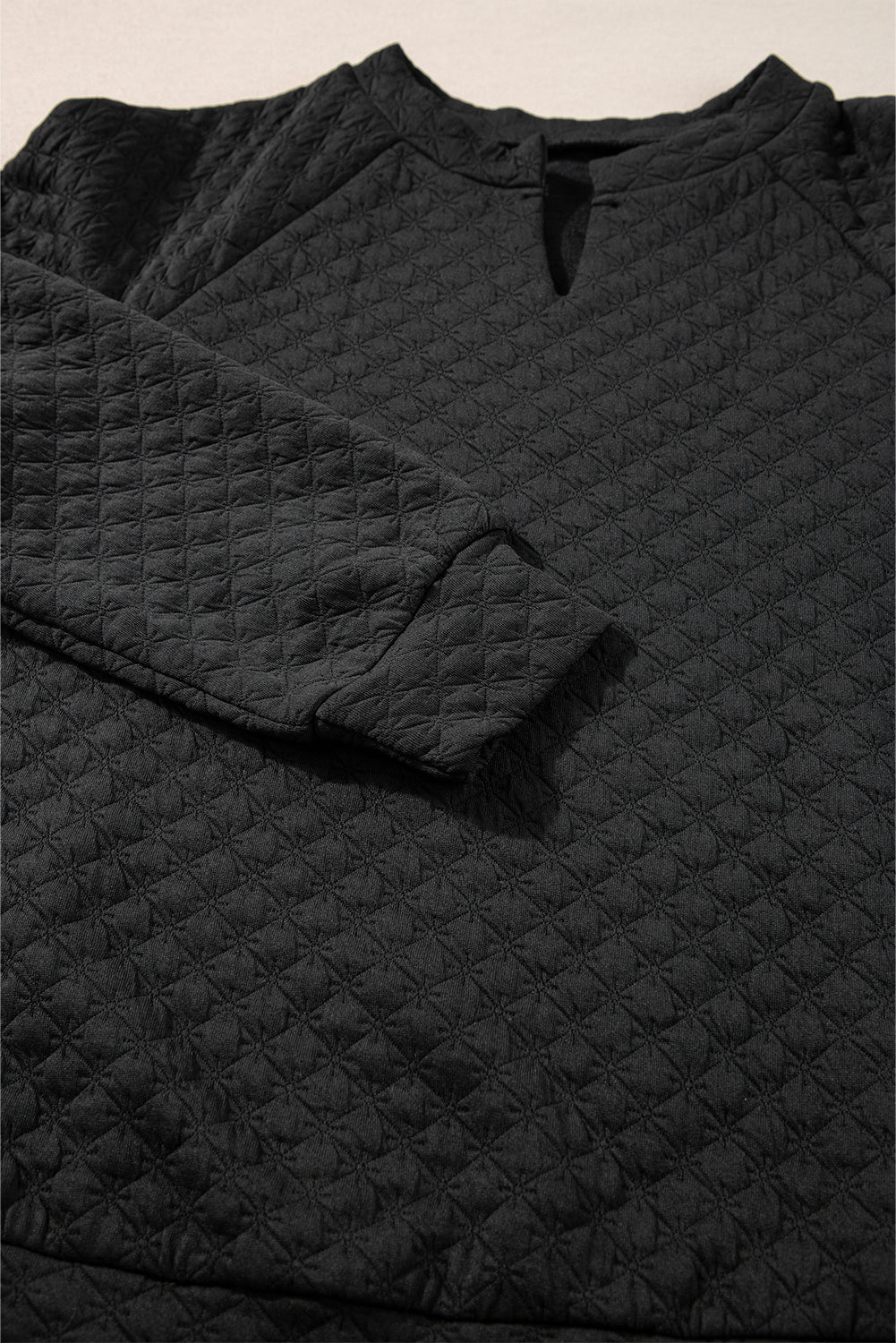White Split Neck Quilted Long Sleeve Top