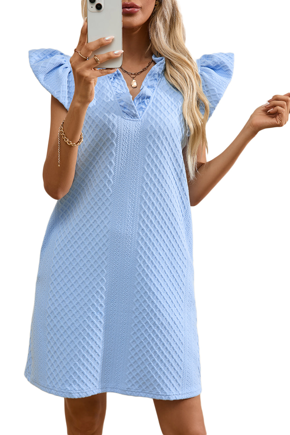 Light Pink Textured Puff Sleeve Ruffled V Neck Shift Mini Dress
