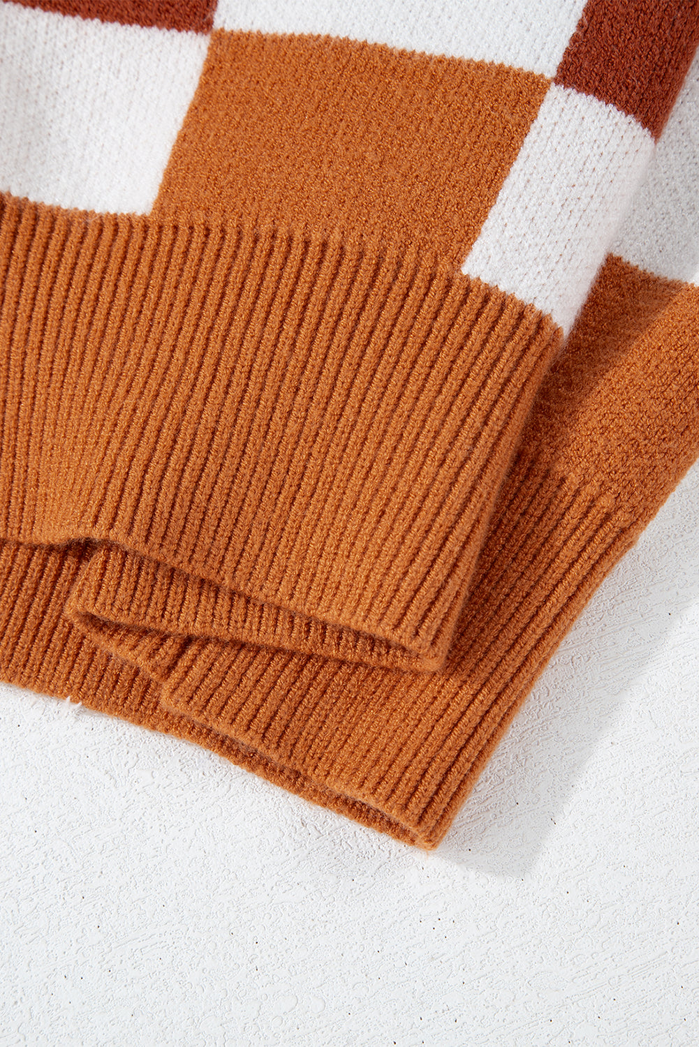 Khaki Checkered Ribbed Edge O Neck Drop Shoulder Sweater