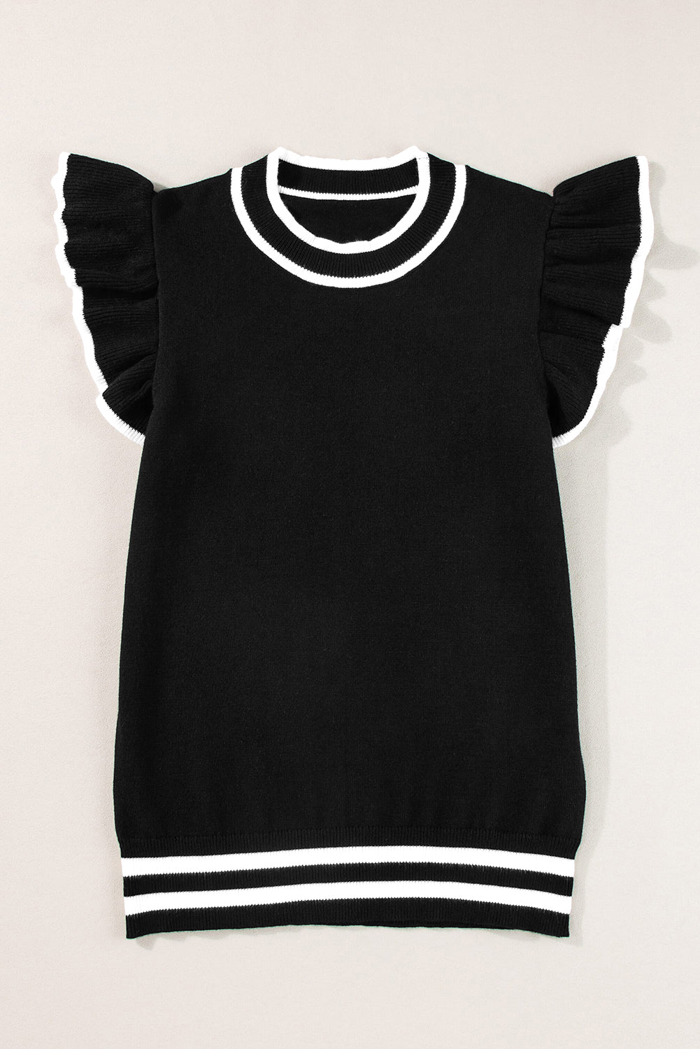 Bonbon Edge Piping Ruffled Sleeve Round Neck Knit Top
