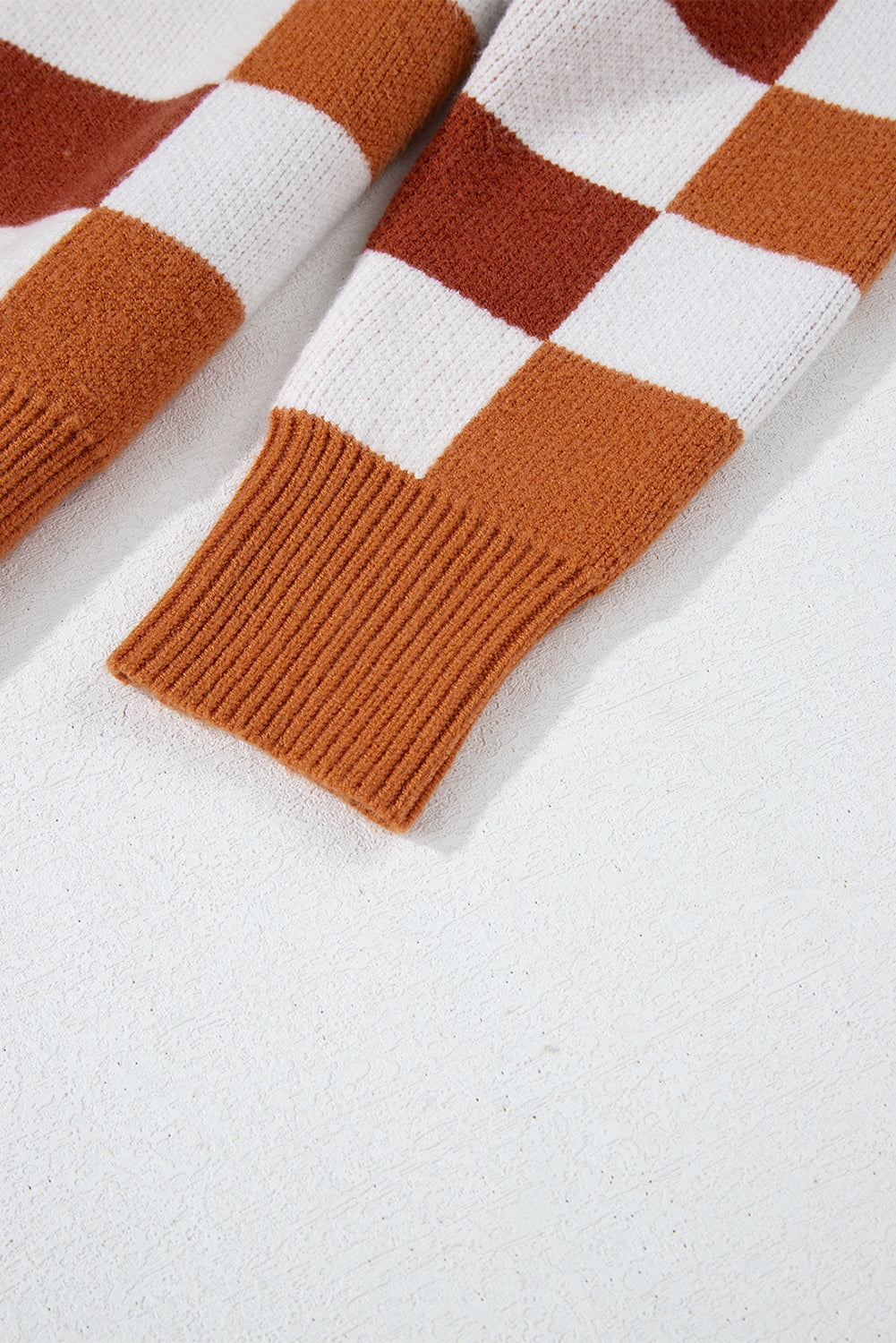 Khaki Checkered Ribbed Edge O Neck Drop Shoulder Sweater