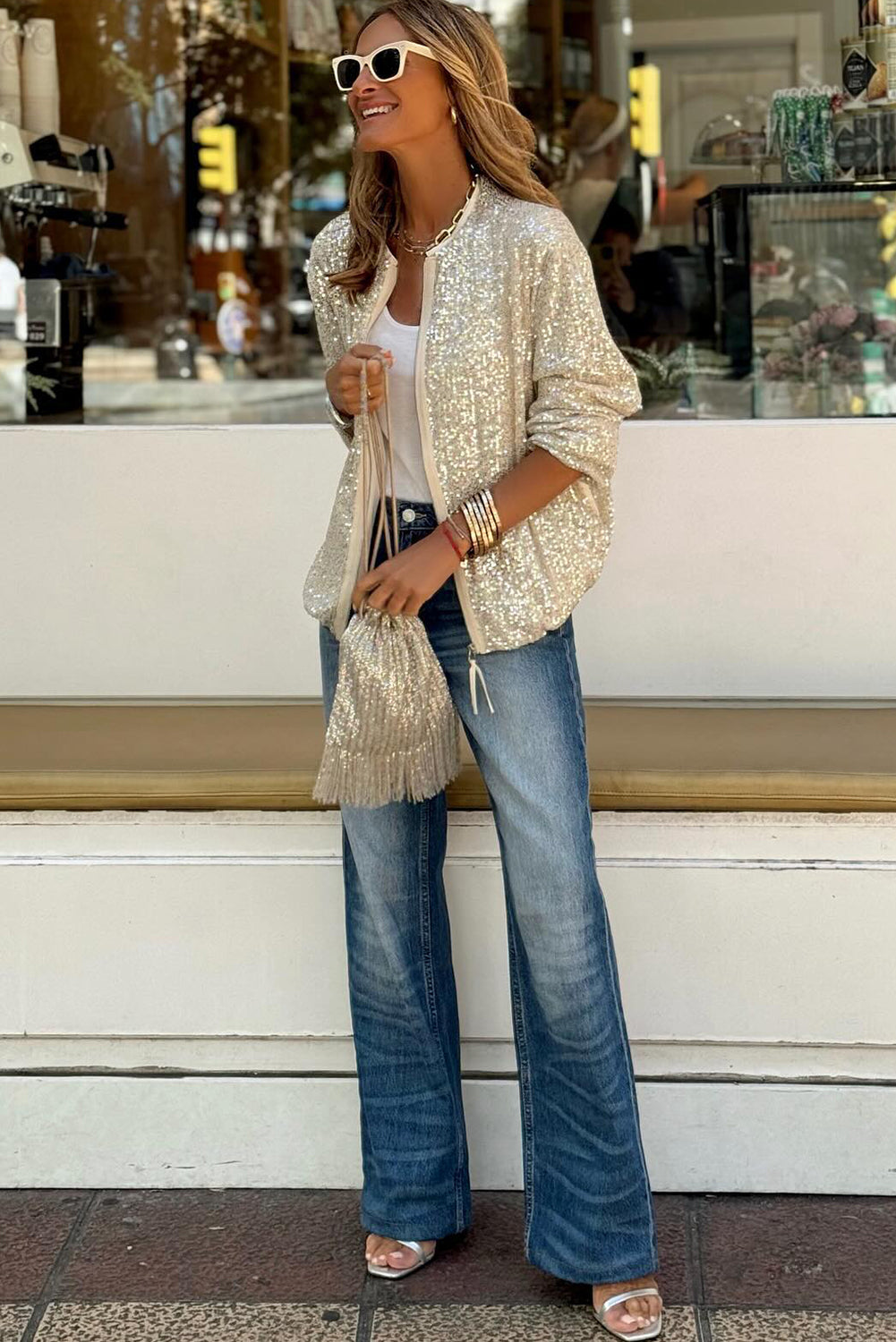 Black Sequin Zip up Round Neck Long Sleeve Jacket