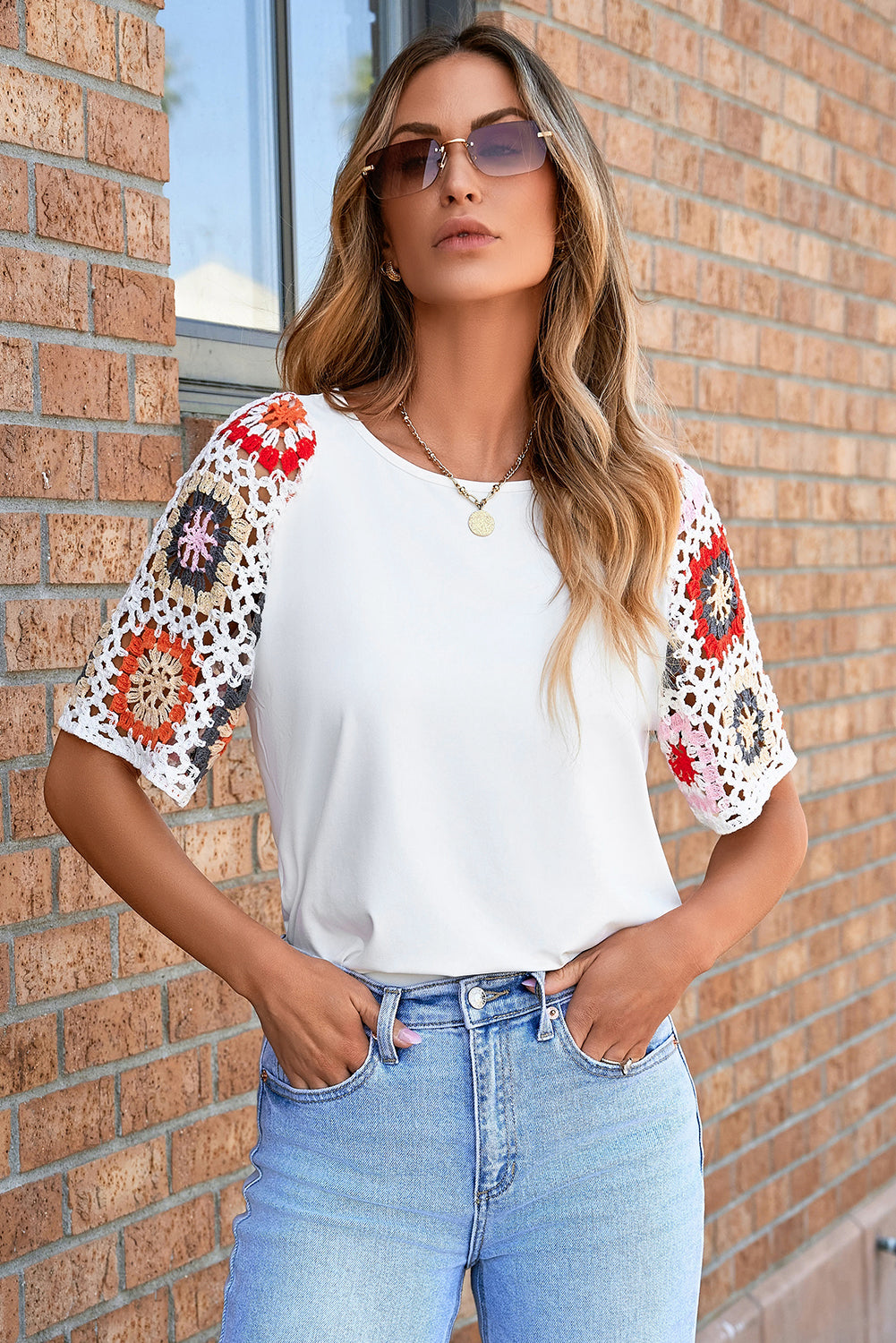 Parchment Floral Crochet Short Sleeve Top