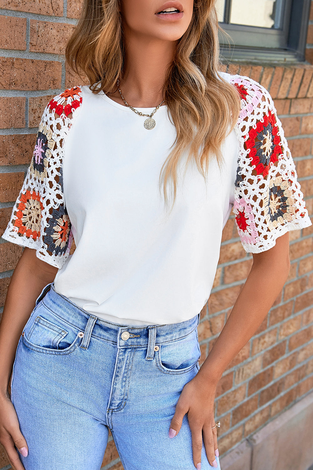 Parchment Floral Crochet Short Sleeve Top