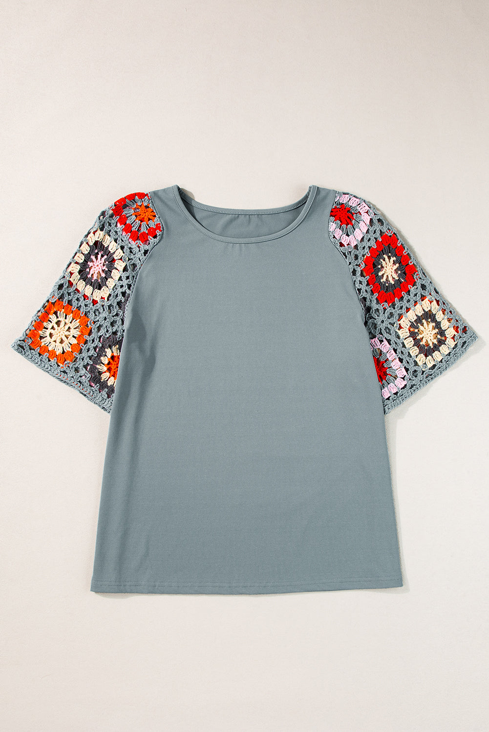 Parchment Floral Crochet Short Sleeve Top