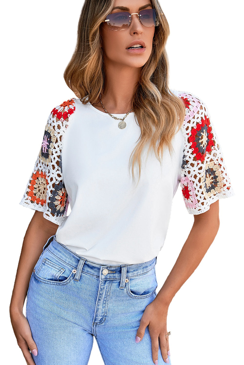 Parchment Floral Crochet Short Sleeve Top