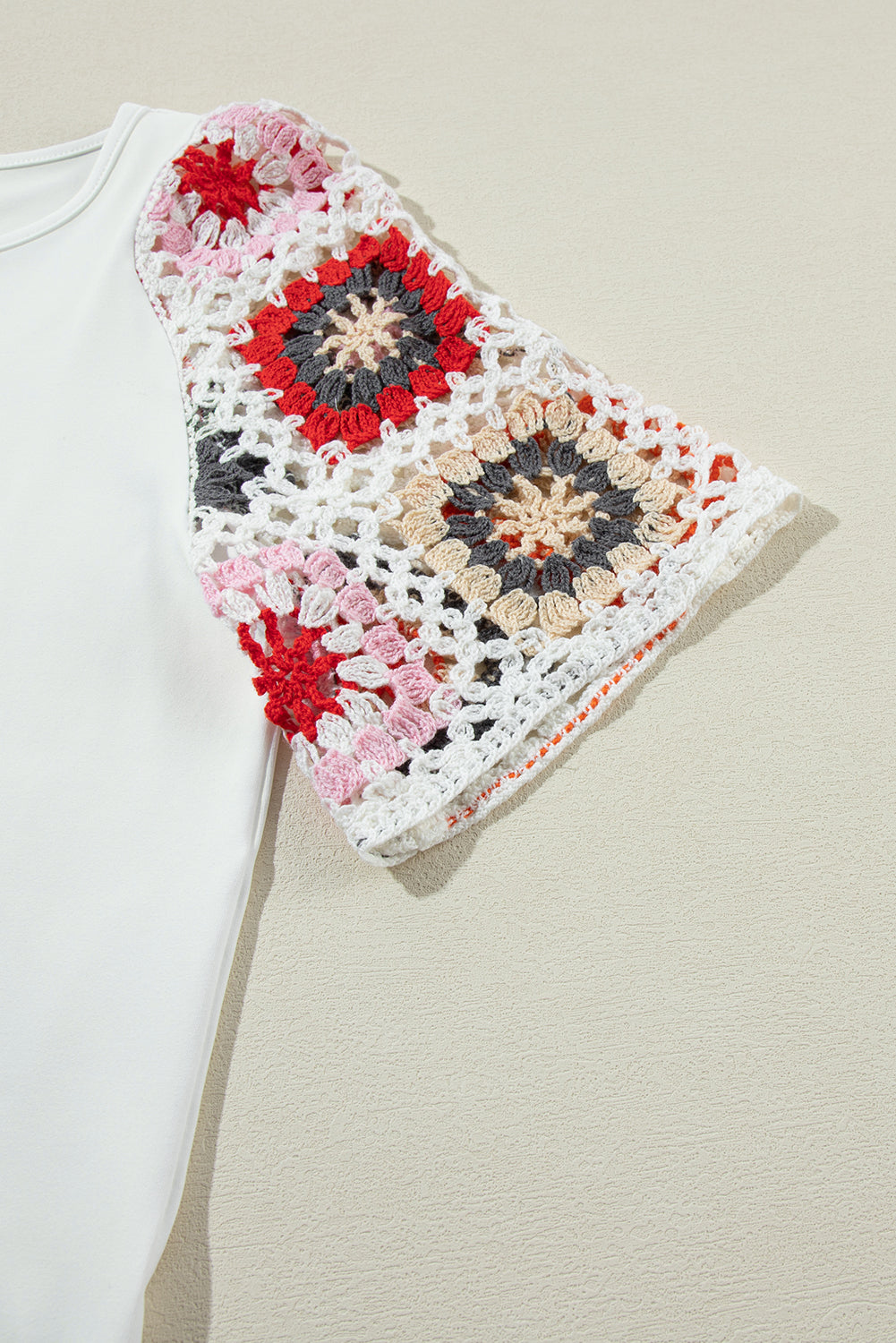 Parchment Floral Crochet Short Sleeve Top