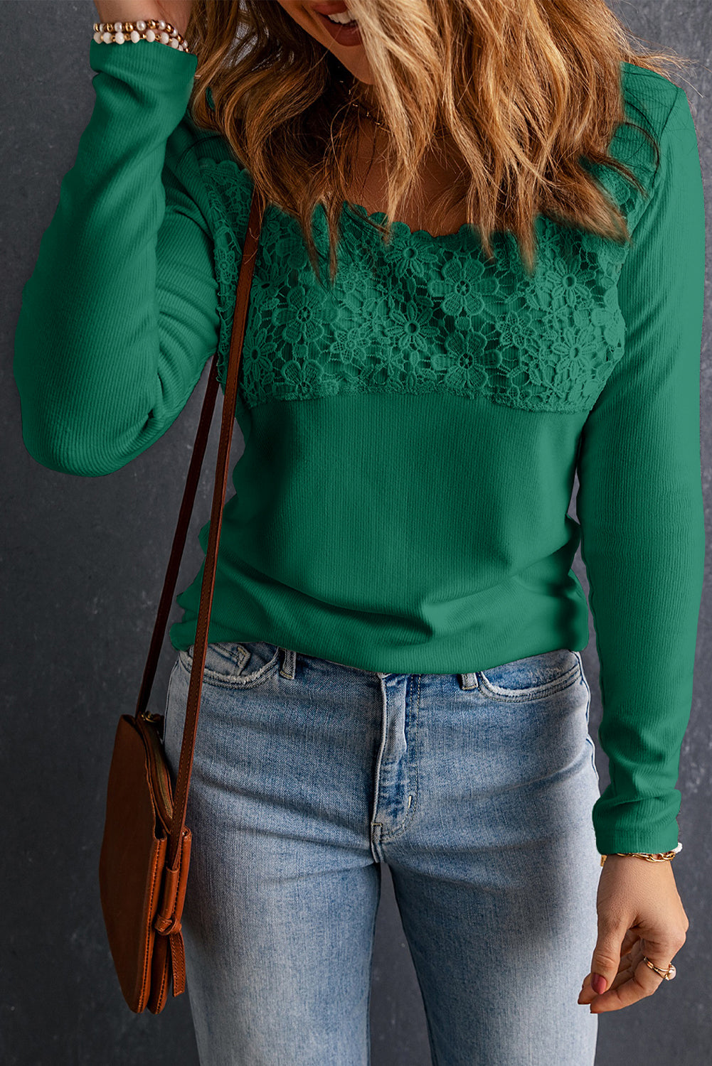 Black Lace Crochet V Neck Long Sleeve Top