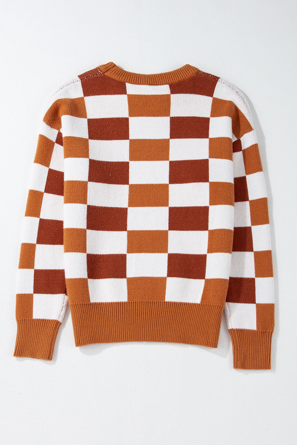 Khaki Checkered Ribbed Edge O Neck Drop Shoulder Sweater