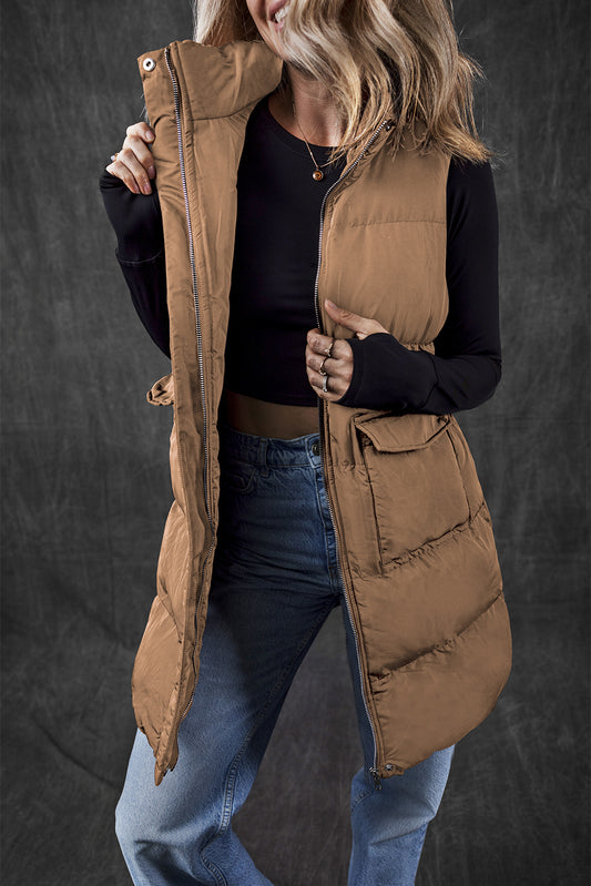 Coffee Windproof Longline Full Zipper Puffer Vest with Pockets